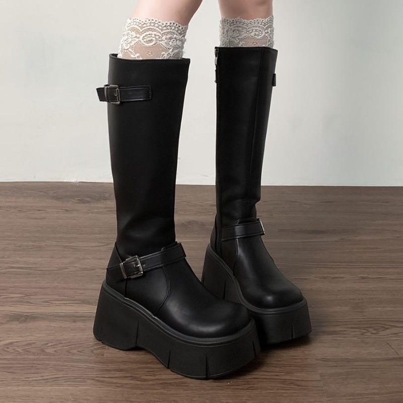 Leather Classic Strap - クラシックブラック女性のブーツ身長増加ニーハイロングブーツ女性ベルトバックルサイドジップラウンドトゥウェッジプラットフォームシューズ