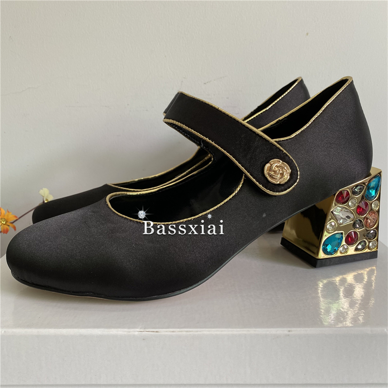 カラフルなダイヤモンドスクエアハイヒール女性パンプス高級パテ - Leather Classic Strap のレビューと価格