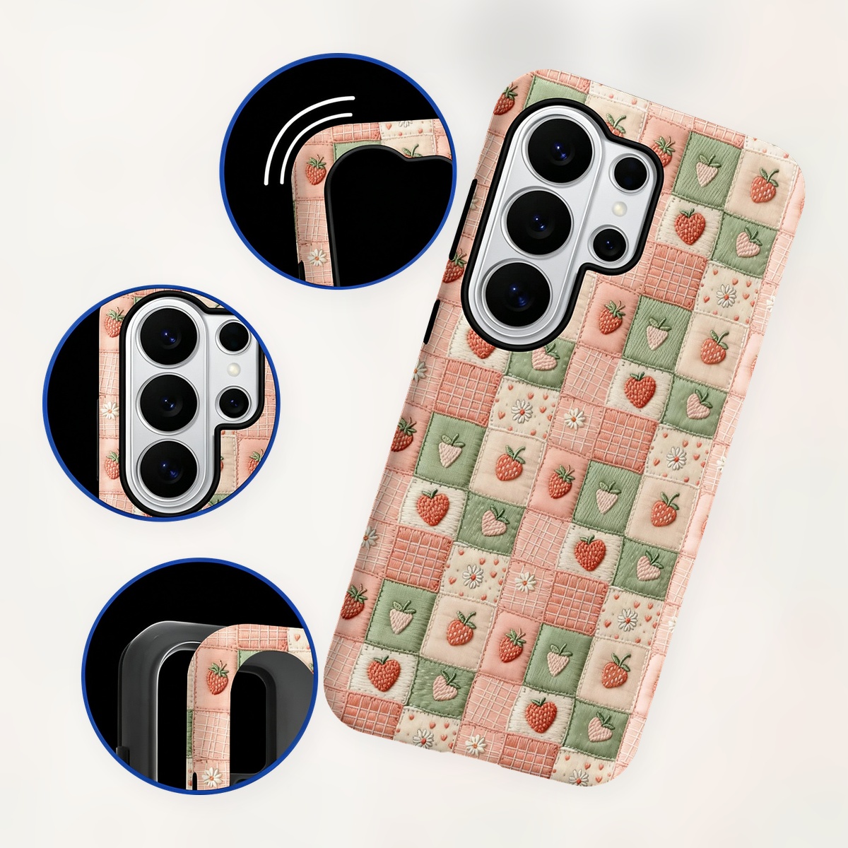 刺繍入りいちご柄のパッチワークデザイン、2層構造の2-in- - Samsung Galaxy S24 のレビューと価格