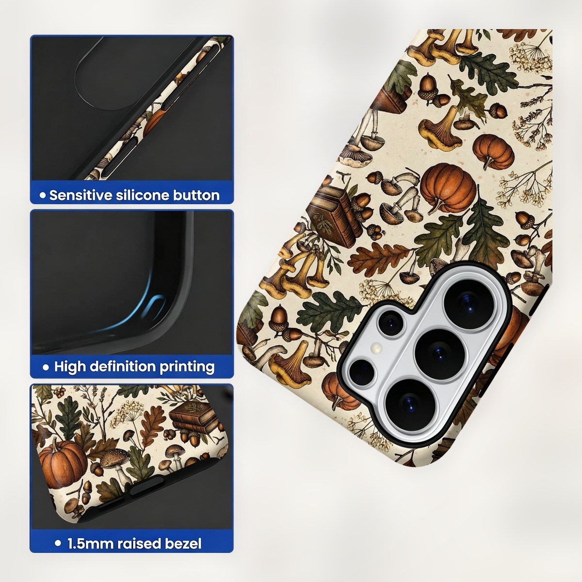 秋のきのことカボチャの柄が描かれた、Samsung Gala - Samsung Galaxy S24 のレビューと価格