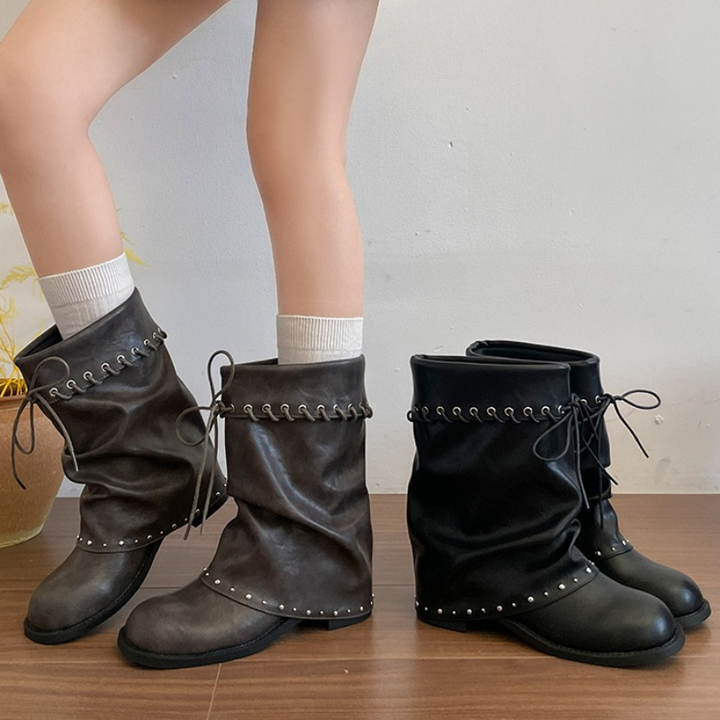 レディース スラウチー ミッドカーフブーツ ラウンドトゥ レ - Leather Classic Strap のレビューと価格