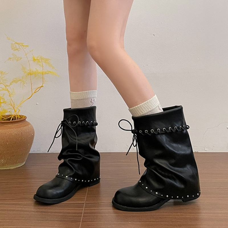 レディース スラウチー ミッドカーフブーツ ラウンドトゥ レ - Leather Classic Strap のレビューと価格